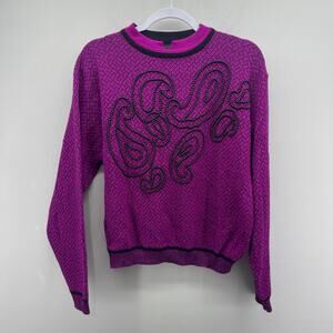 Vintage Jeanne Pierre Fuschia Black Beaded Lambs Wool‎ Blend Sweater